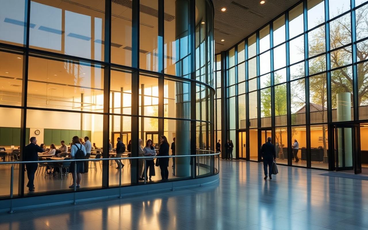 Students collaborating inside a modern educational building